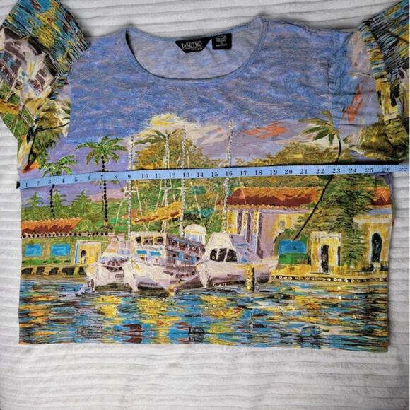 Take Two XL Sequin Art Top Scenic Boat Harbor Print Colorful Oversized Dopamine - Picture 3 of 7